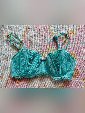 Victoria’s Secret Teal Lace Up Caged Demi Bra 34C Lace Lingerie
